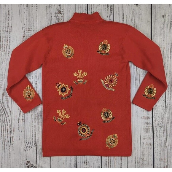 Vtg Crest All Over Embroidered Blazer Jacket Double Breast Grandma Cardigan Sz S - Picture 3 of 6